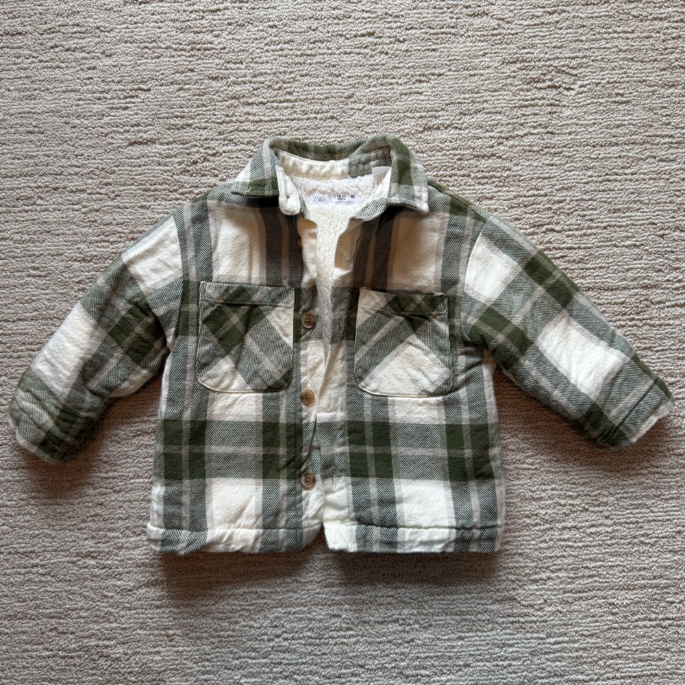 Zara Baby Plaid Button Up Faux Shearling Jacket - green and cream 18-24 months